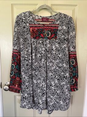 Avani Del Amour Black & White Paisley with Multicolored Accents-Tunic Blouse